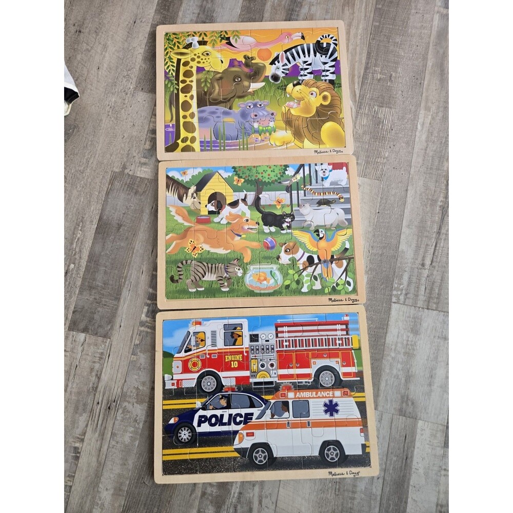 Melissa & Doug Vehicles, Pets, and Shapes Wooden Chunky Puzzles (Lot of 3)